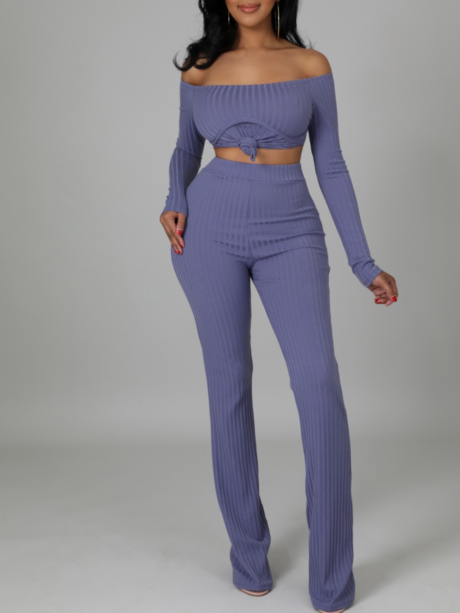 

LW Off The Shoulder Rib-Knit Pants Set, Purple