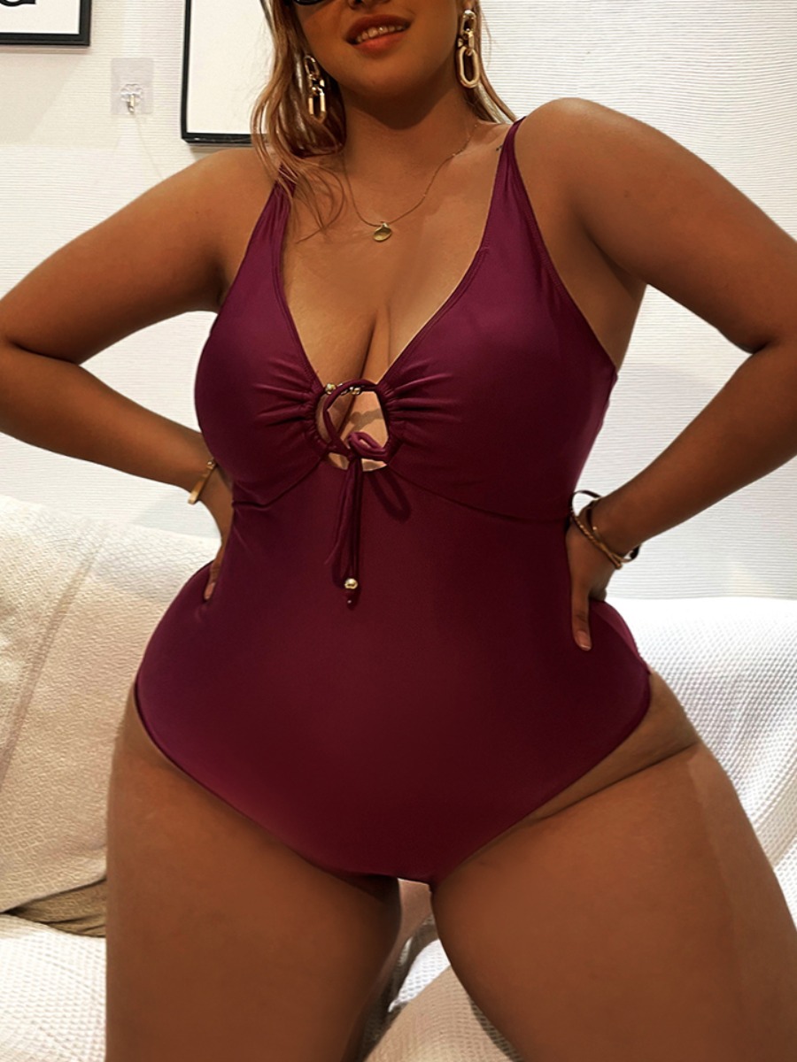

LW BASICS Plus Size Bandage Design One-piece Swimsuit, Wine red