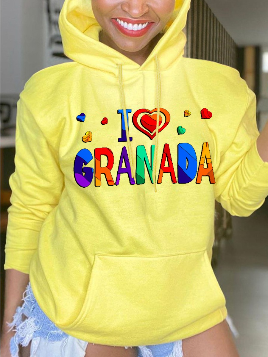 

LW Plus Size Heart Letter Print Hoodie, Yellow