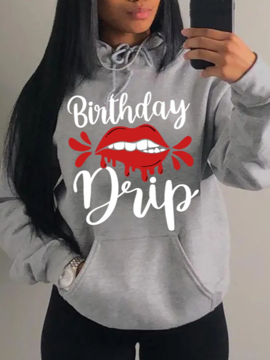 LovelyWholesale Plus Size Sweat Lip Letter Print Hoodie Fall Casual Pocket Design Hooded Collar  4X Spring Summer 2024