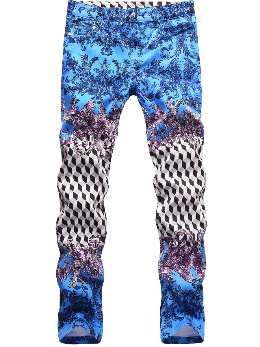 

LW Men Mid Waist Mixed Print Skinny Jeans, Blue