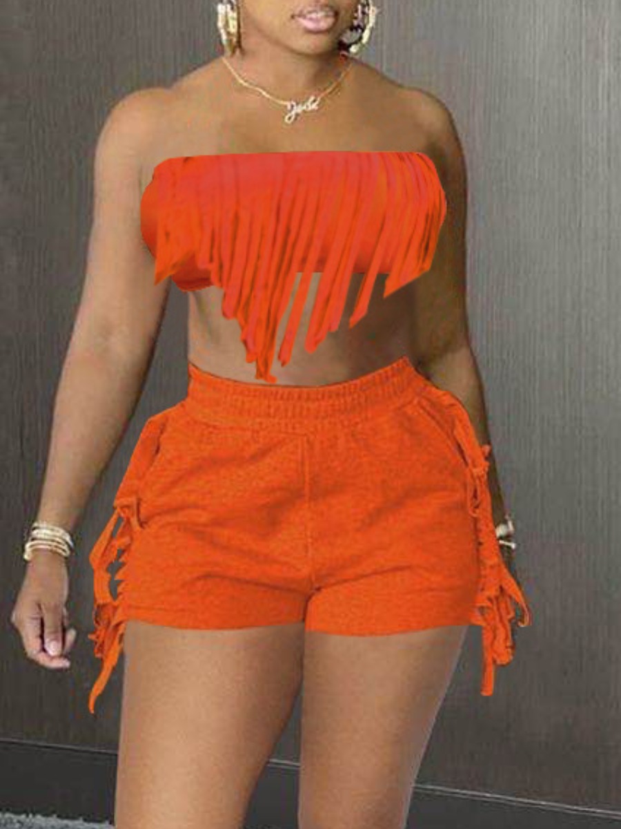 

LW Off The Shoulder Tassel Design Shorts Set, Jacinth
