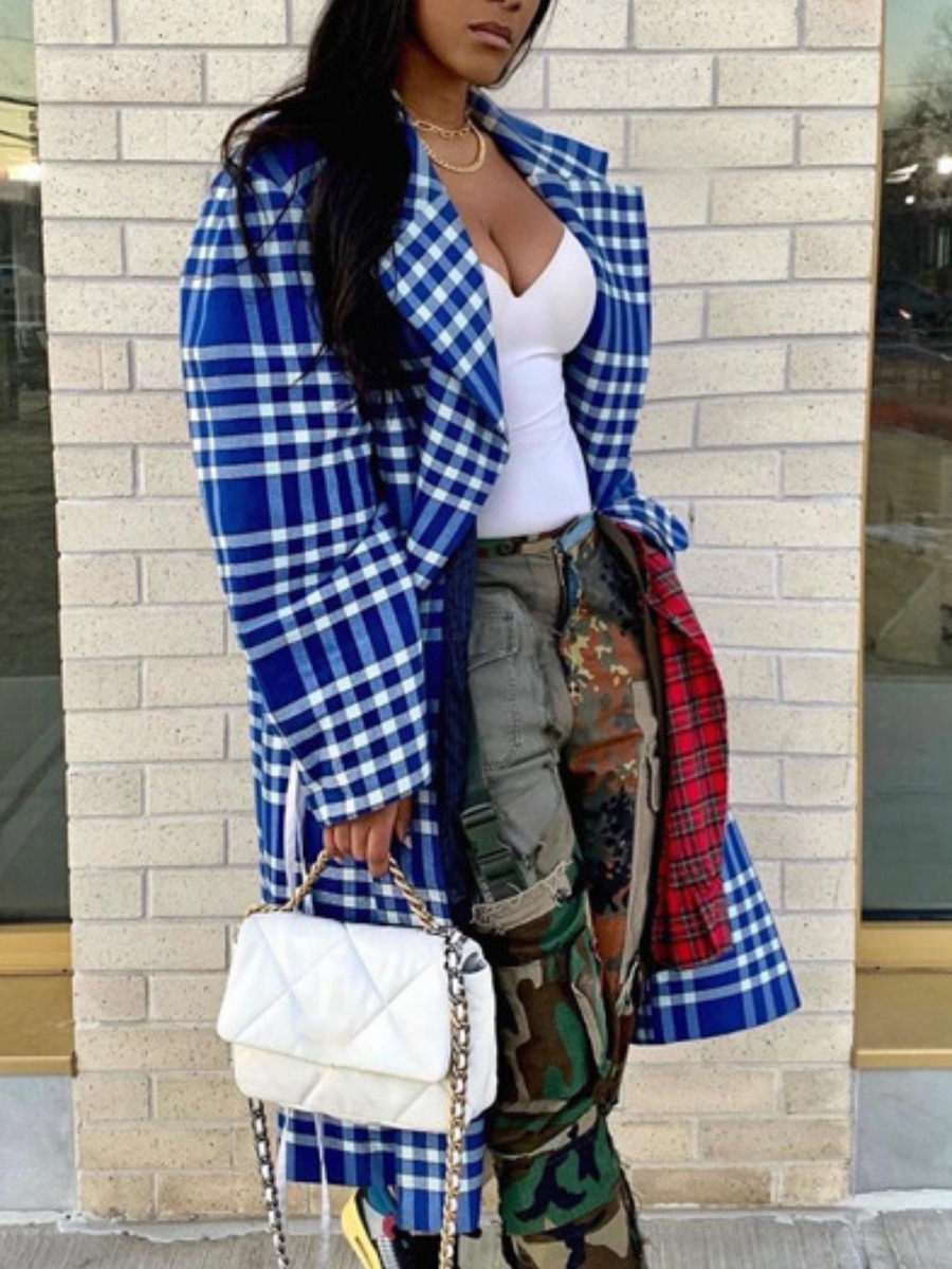 

LW Plaid Print Loose Trench Coat, Blue