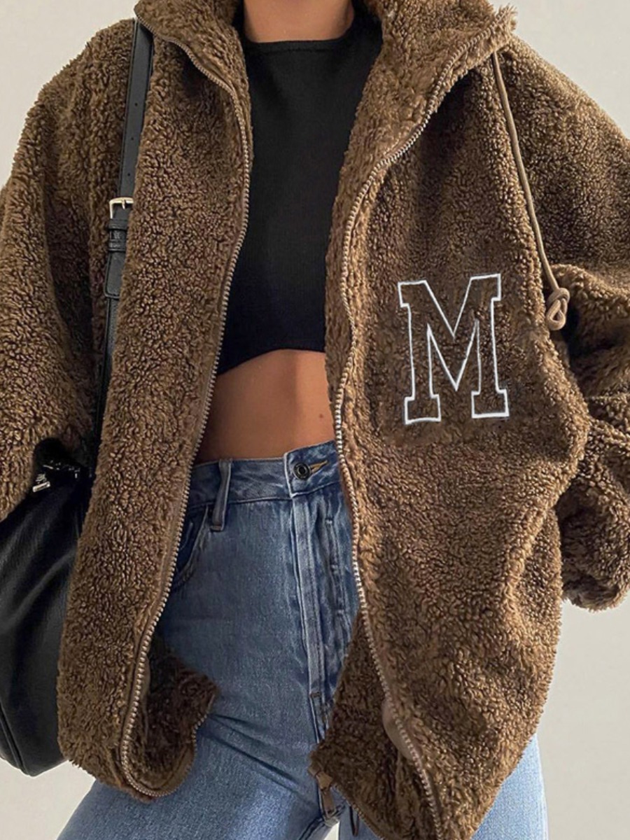

LW Letter Decor Teddy Jacket, Brown
