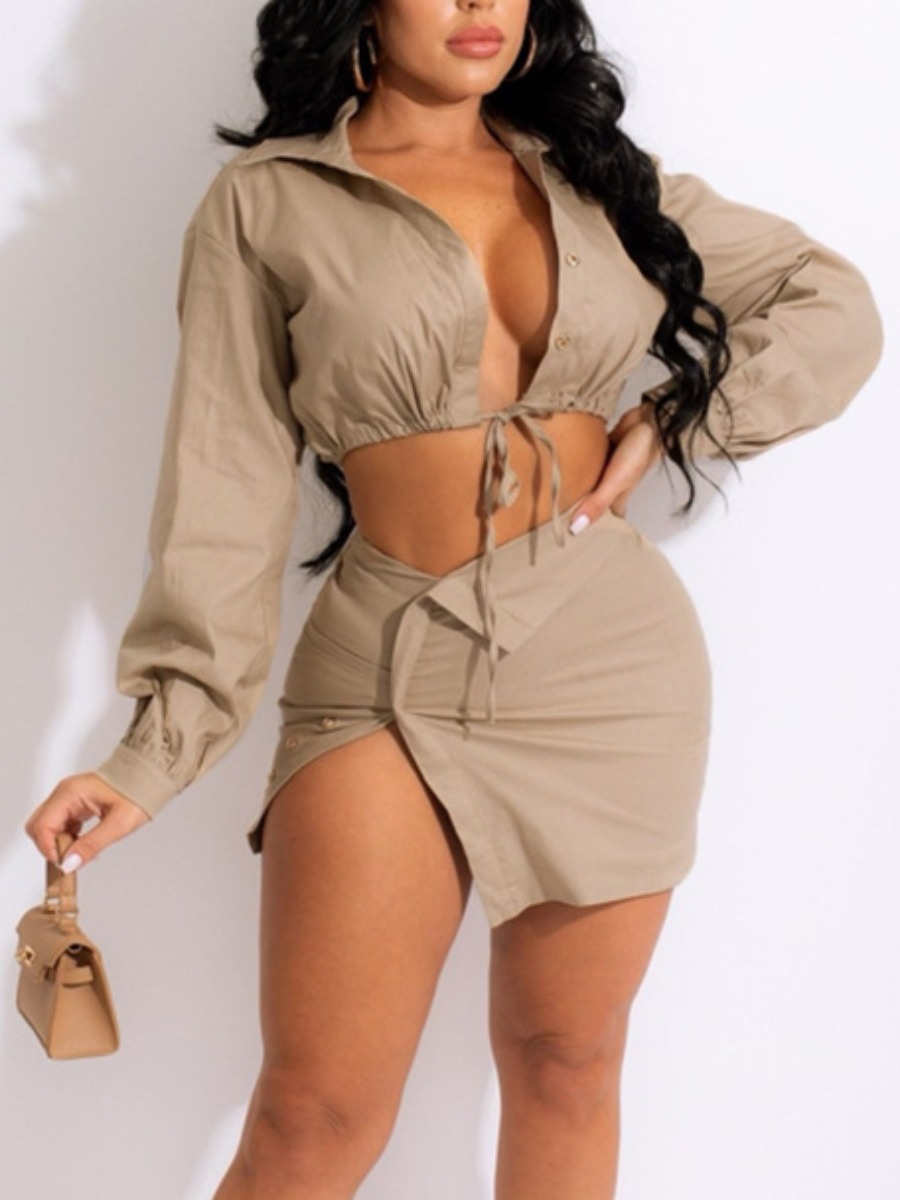 

LW SXY Crop Top Slit Skirt Set, Apricot