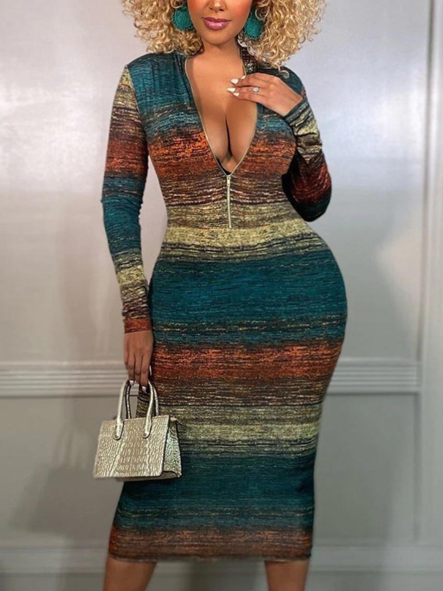 

LW Plus Size Gradient Zipper Design Bodycon Dress, Multi