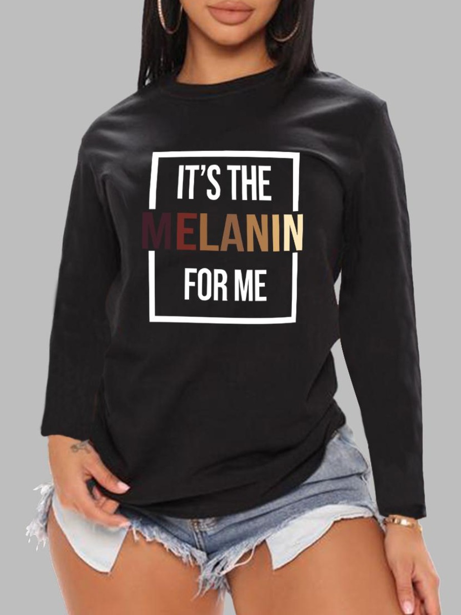 

LW Round Neck Letter Print T-shirt, Black