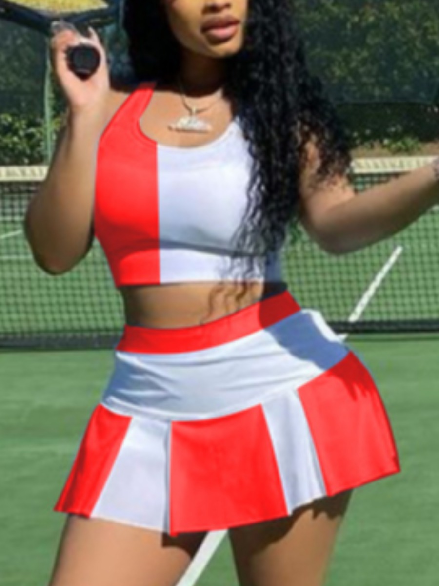 

LW Flounce Design Patchwork Shorts Set, Red