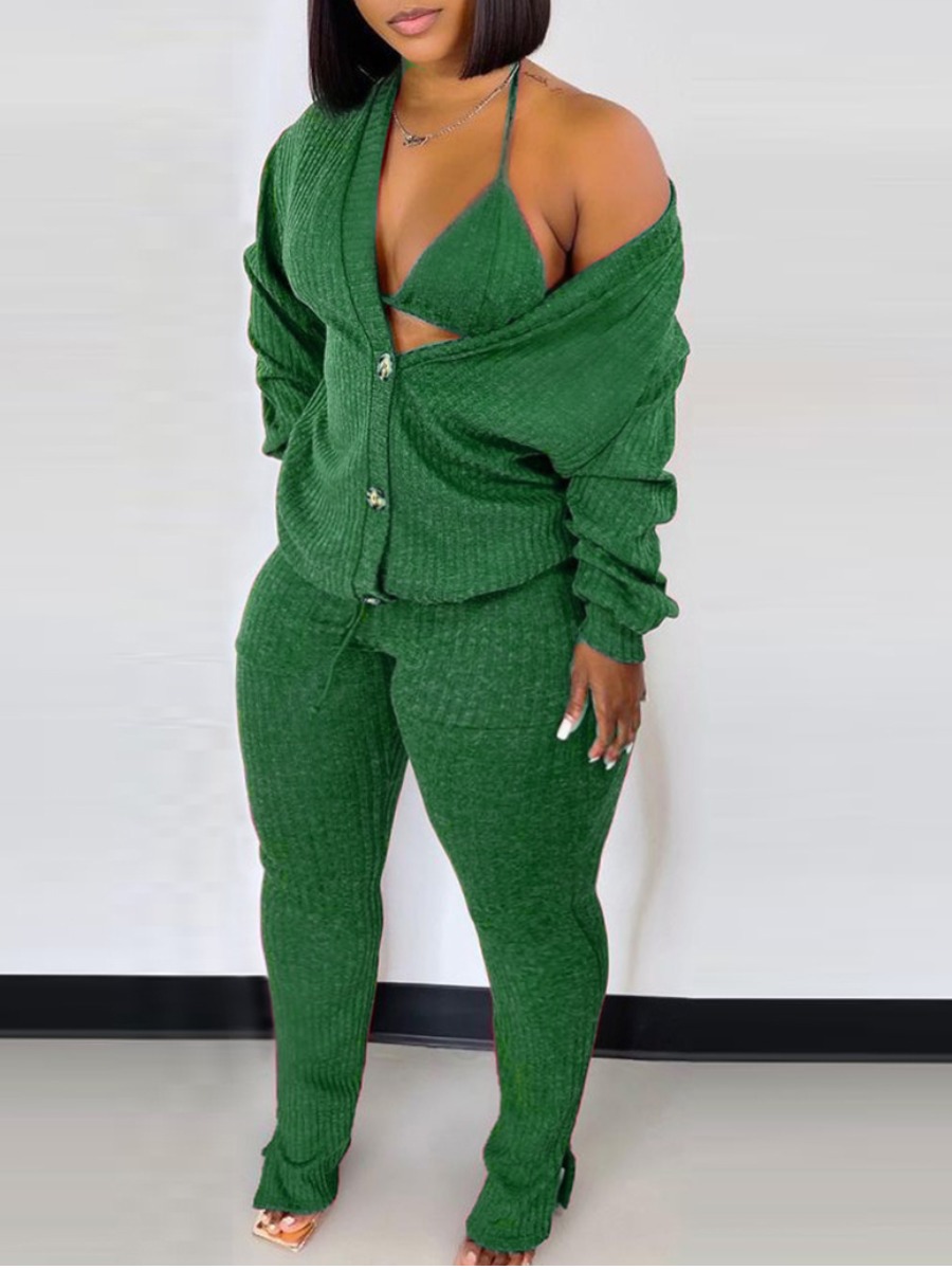 

LW Plus Size Rib-Knit Button Design Three Piece Pants Set, Green