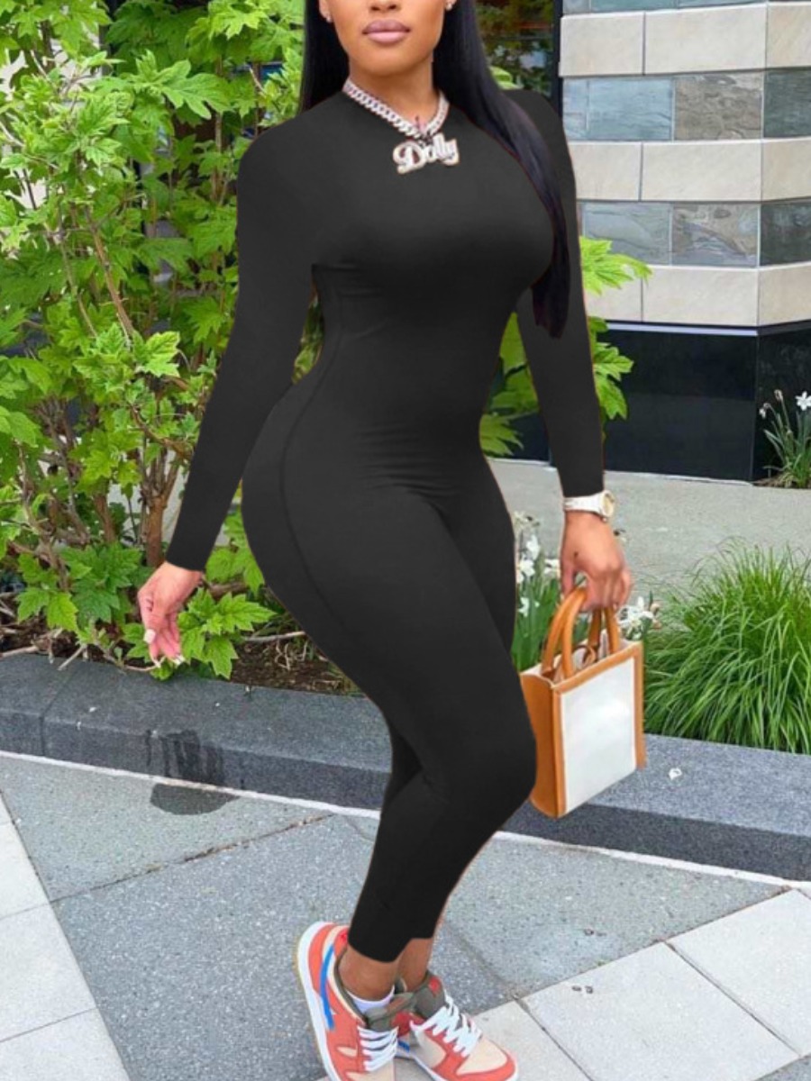 LovelyWholesale BASICS Round Neck Skinny Jumpsuit Fall Long Sleeve Casual Basic Round Neck Spring Summer 2024