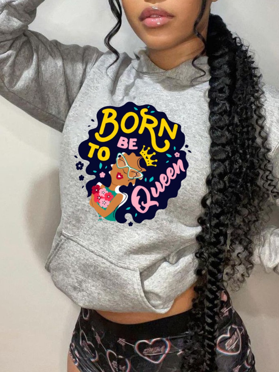 

LW king Letter Print Kangaroo Pocket Hoodie, Grey