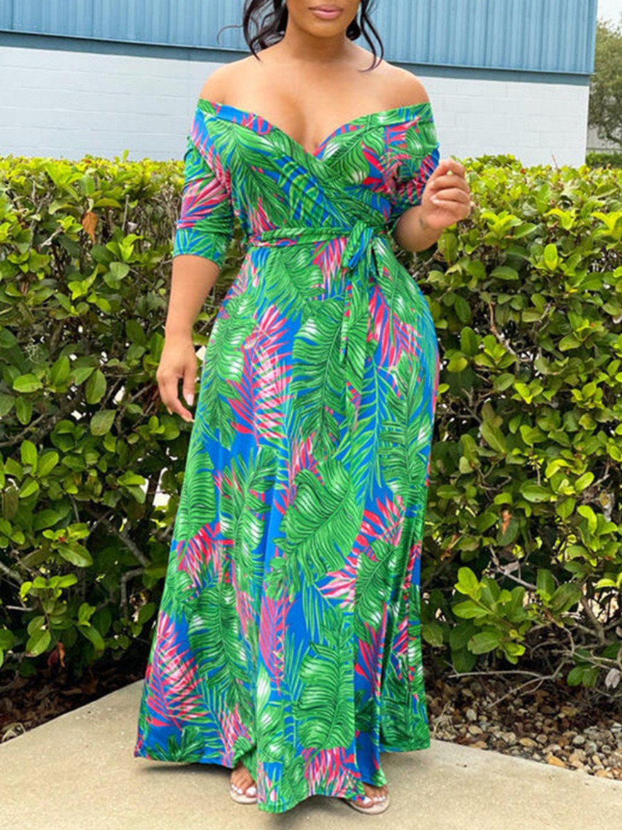 

LW Off The Shoulder Floral Print A Line Dress, Green