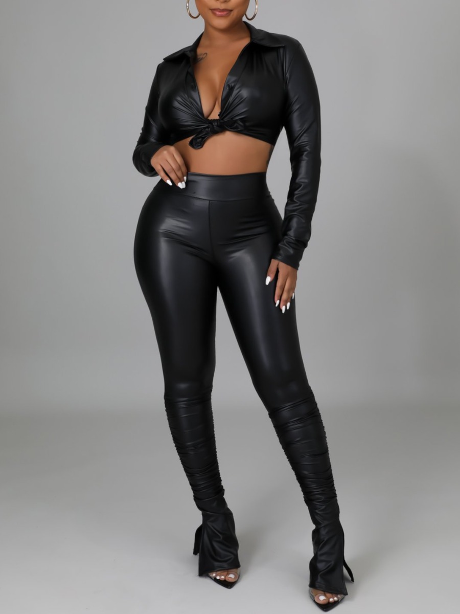

LW Backless Bandage Design Leather Pants Set, Black