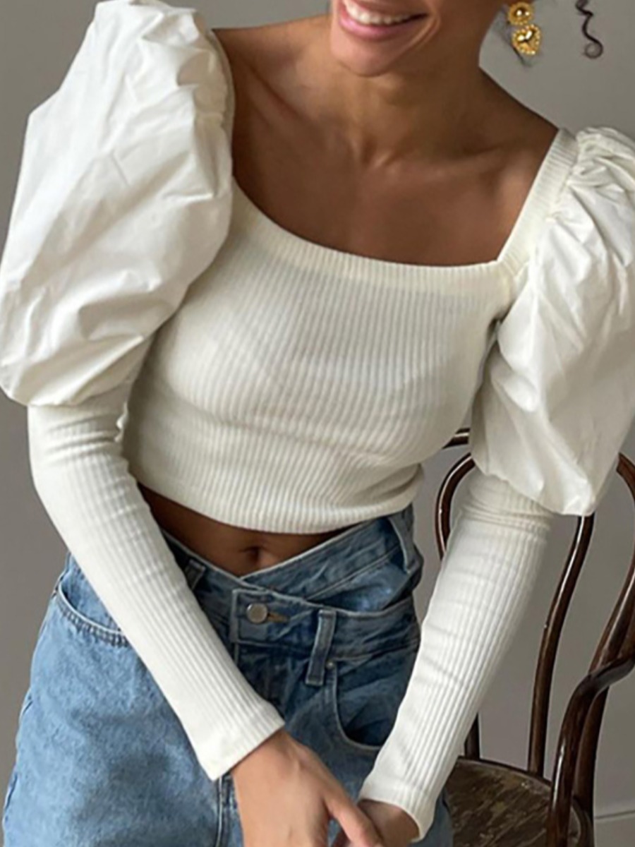 

LW Puff Sleeve Rib-Knit T-shirt, White