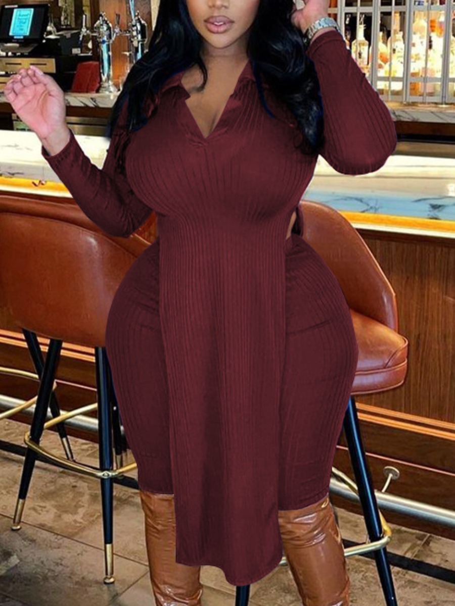 LW SXY V Neck Double Split Skinny Pants Set