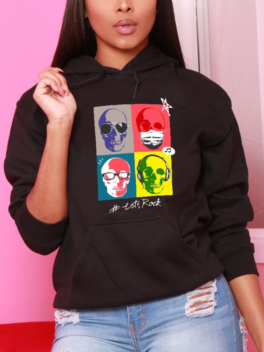 

LW Skull Head Letter Print Hoodie, Black