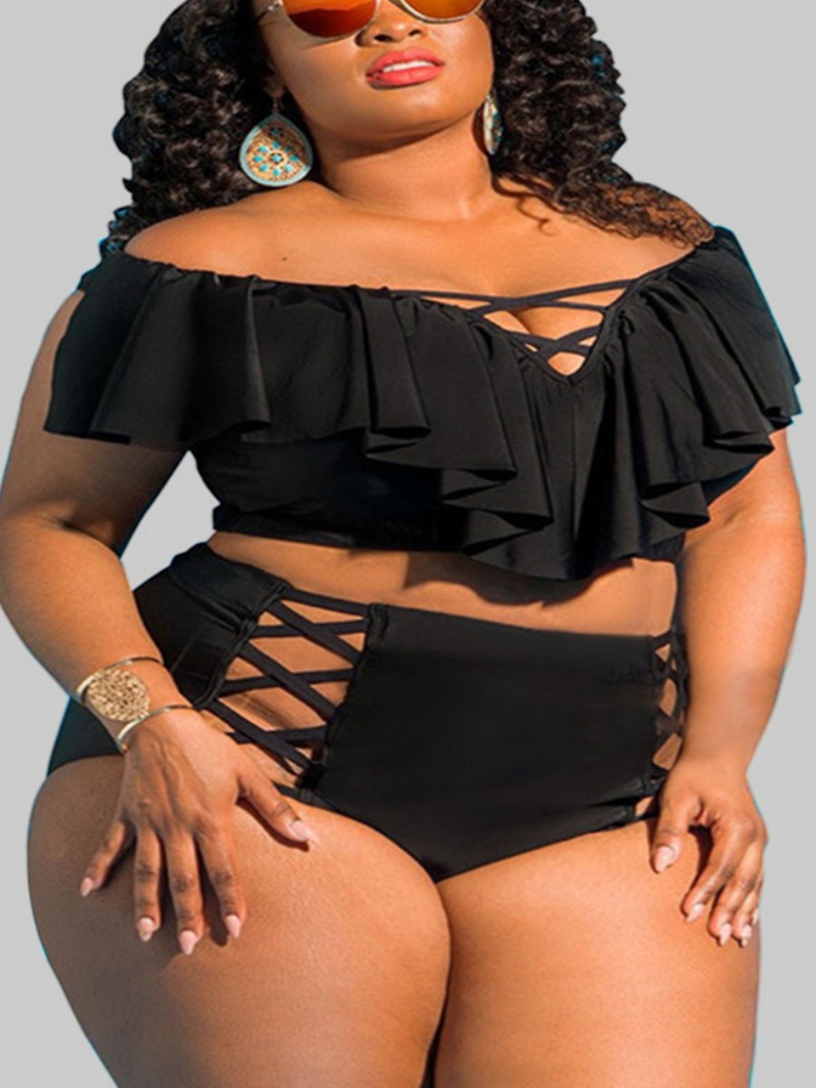

LW Plus Size Ruffle Cut Out Basic Tankini, Black