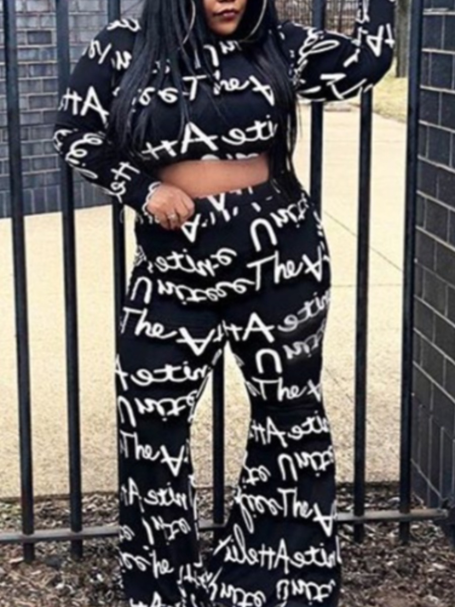 

LW Plus Size Letter Print Basic Crop Top Pants Set, Black