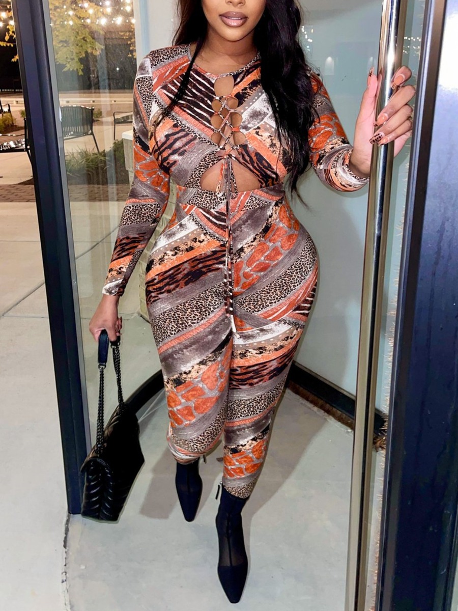 

LW Mixed Print Bandage Design Jumpsuit, Pink