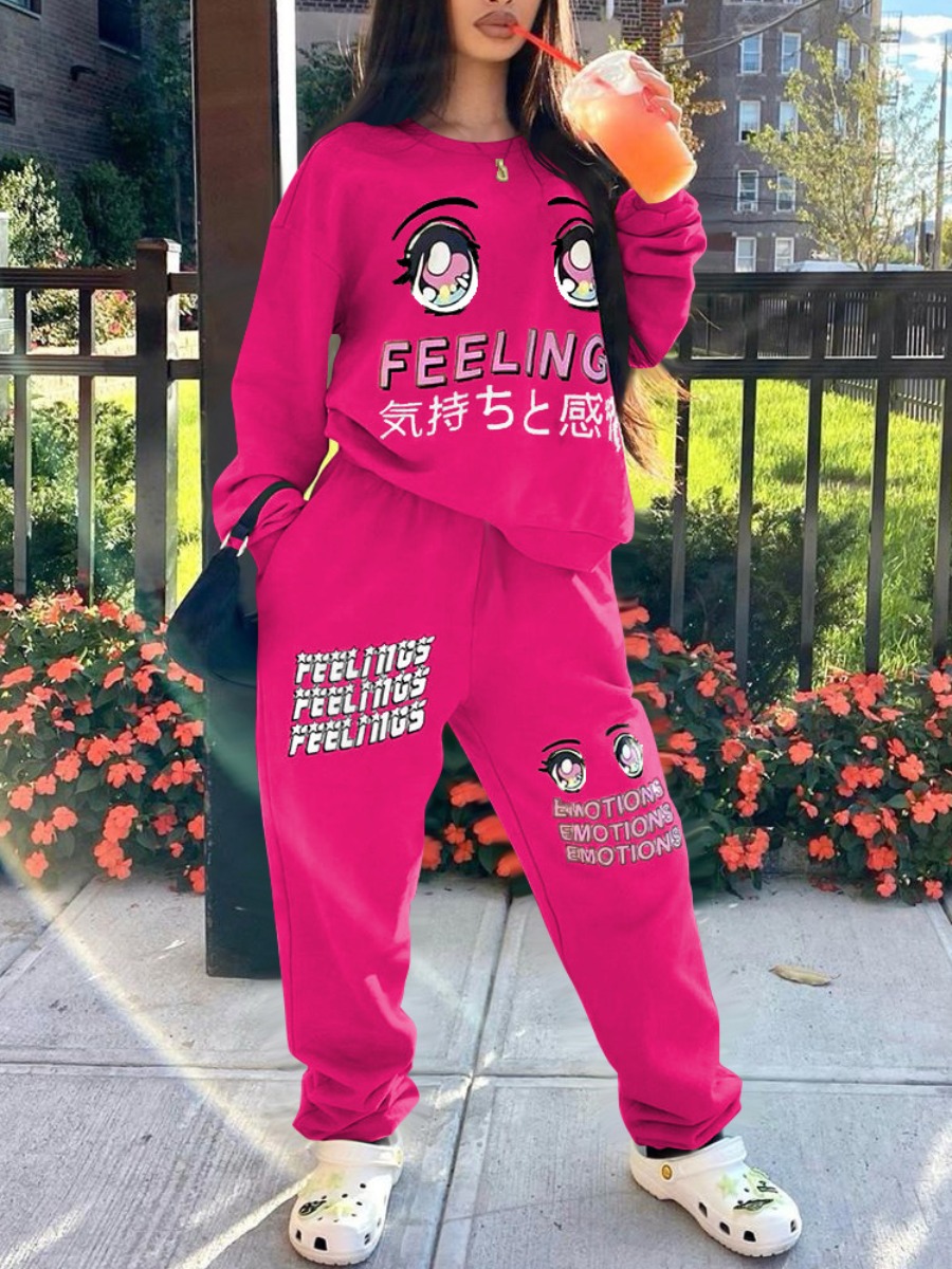 

LW Cartoon Letter Print Pants Set, Rose red
