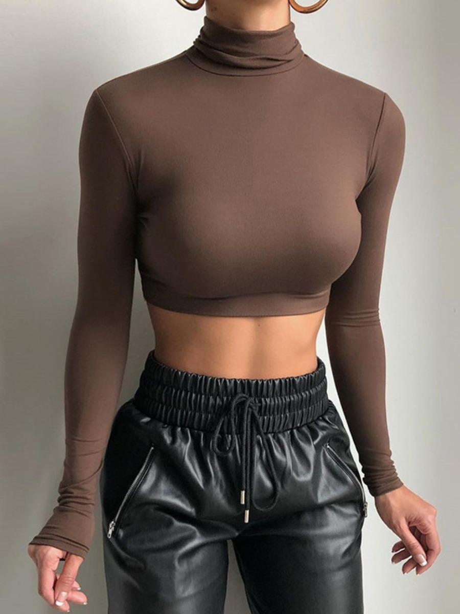 

LW SXY Turtleneck Basic Solid Skinny Crop Top T-shirt, Coffee