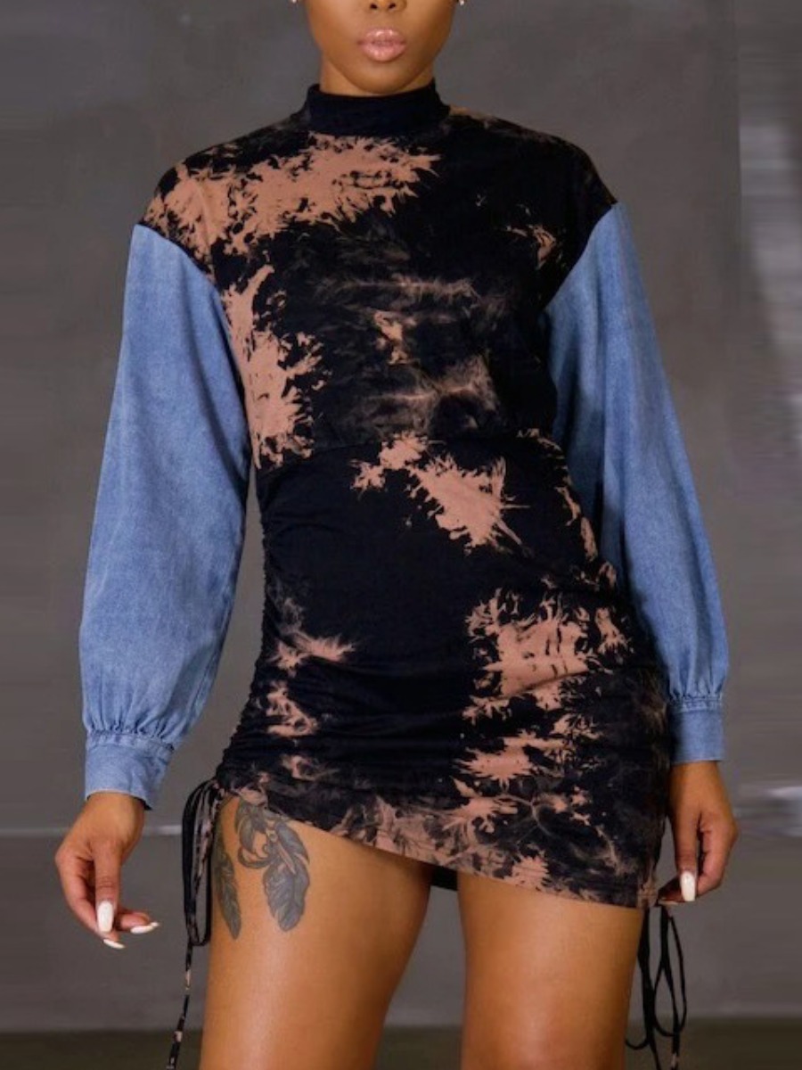 

LW High Stretchy Tie-dye Drawstring Denim Dress, Blue
