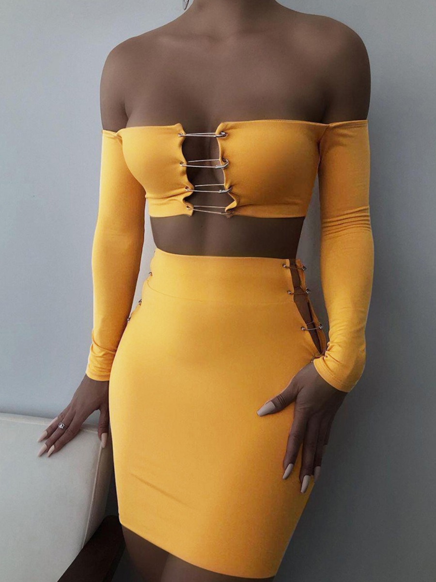 

LW SXY Off Shoulder Metal Decoration Skirt Set, Yellow