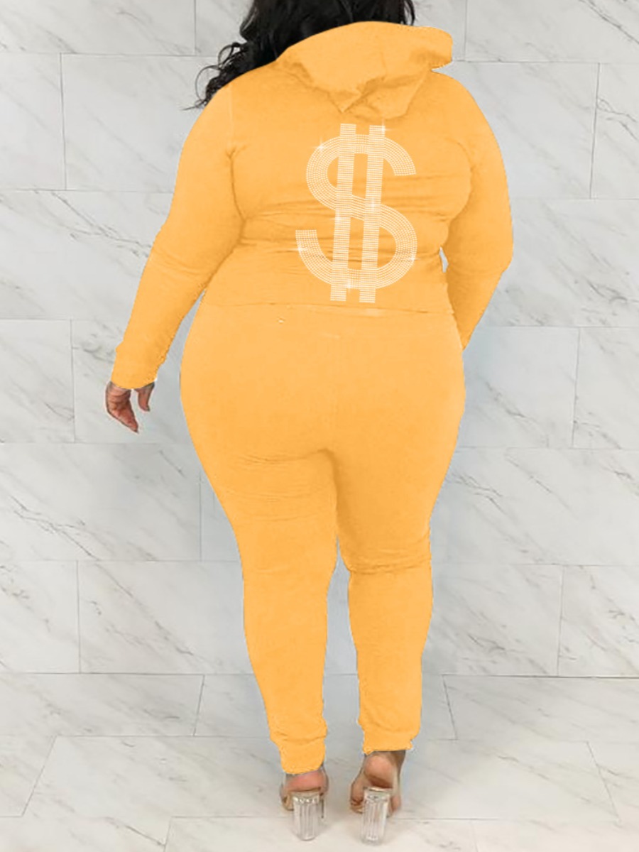 

LW Plus Size Hooded Collar Dollar Sign Print Tracksuit Set, Yellow