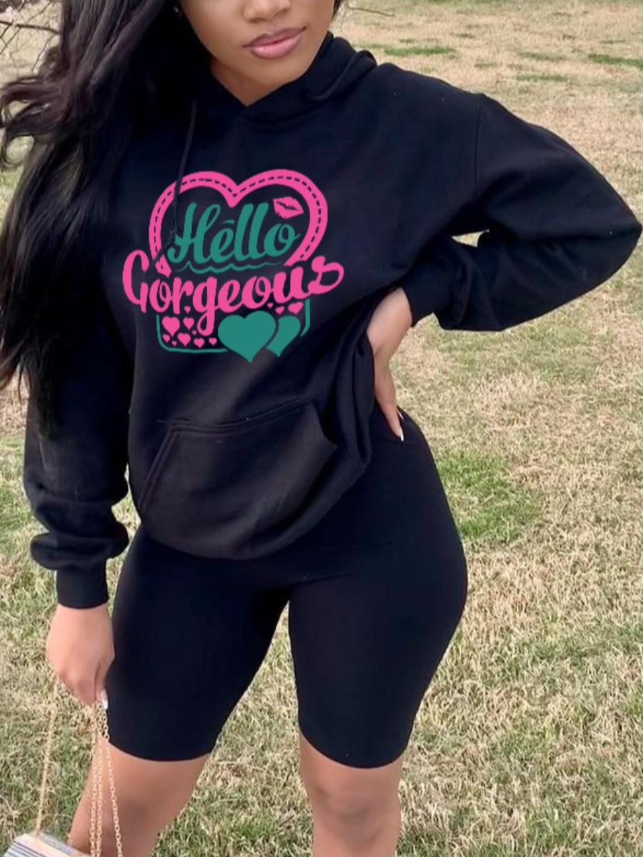 

LW Lip Letter Print Hoodie, Black