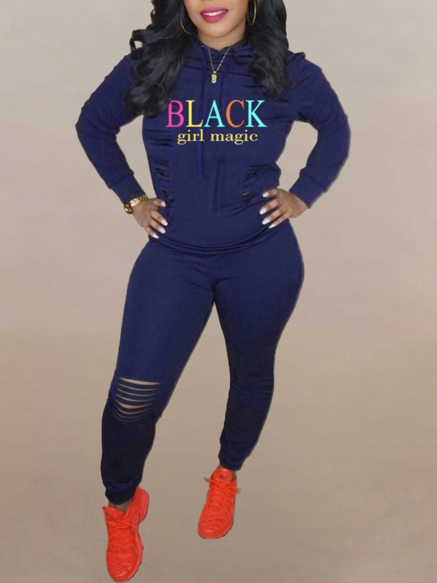 

LW Letter Print Ripped Tracksuit Set, Deep blue
