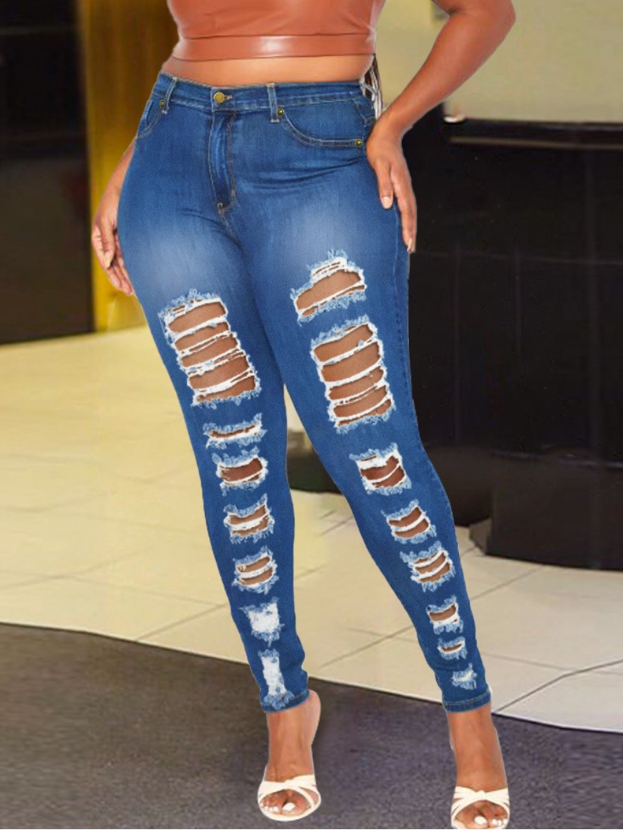 

LW Mid Waist Ripped Jeans, Deep blue