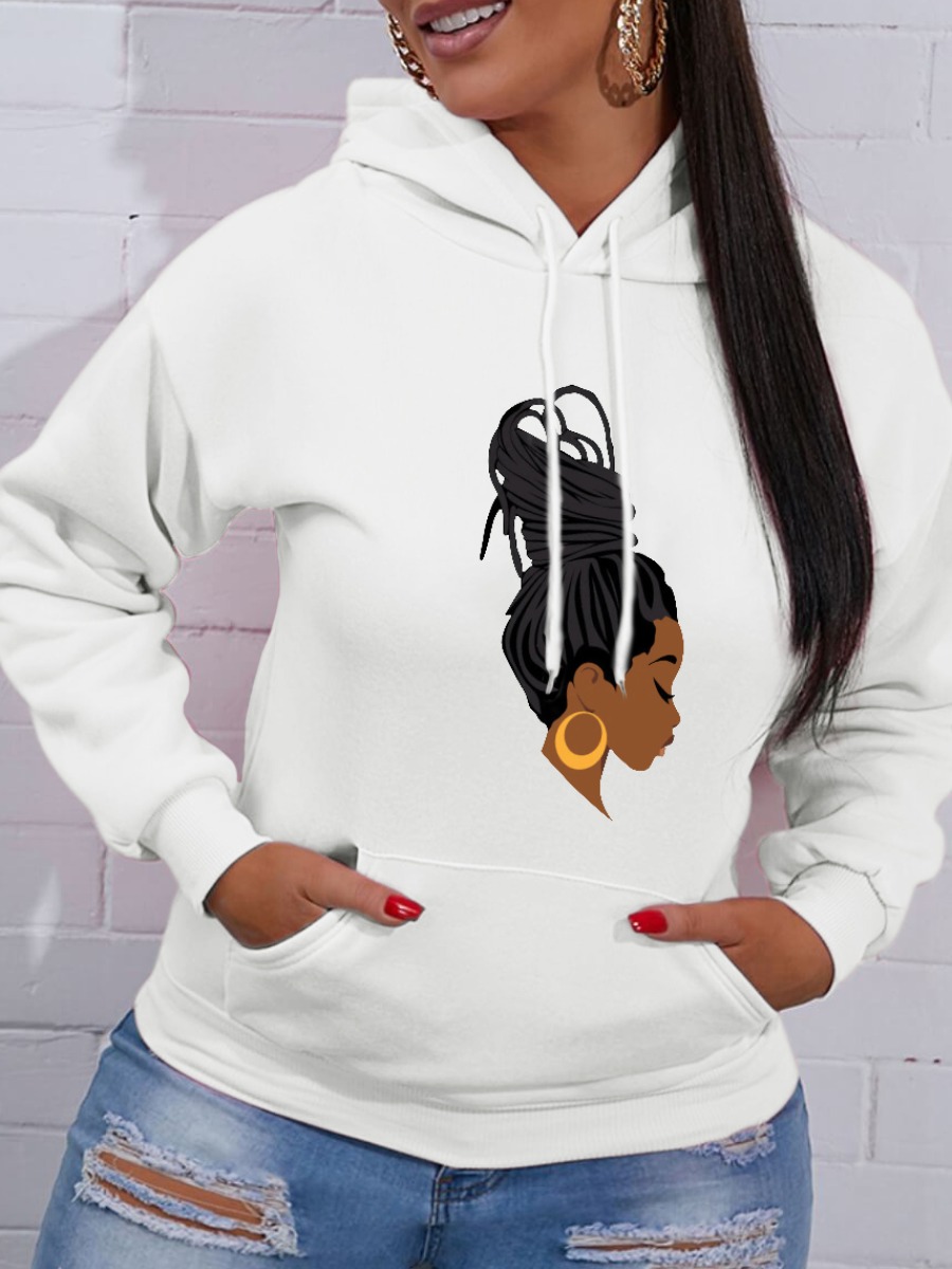 

LW Figure Print Kangaroo Pocket Drawstring Hoodie, White