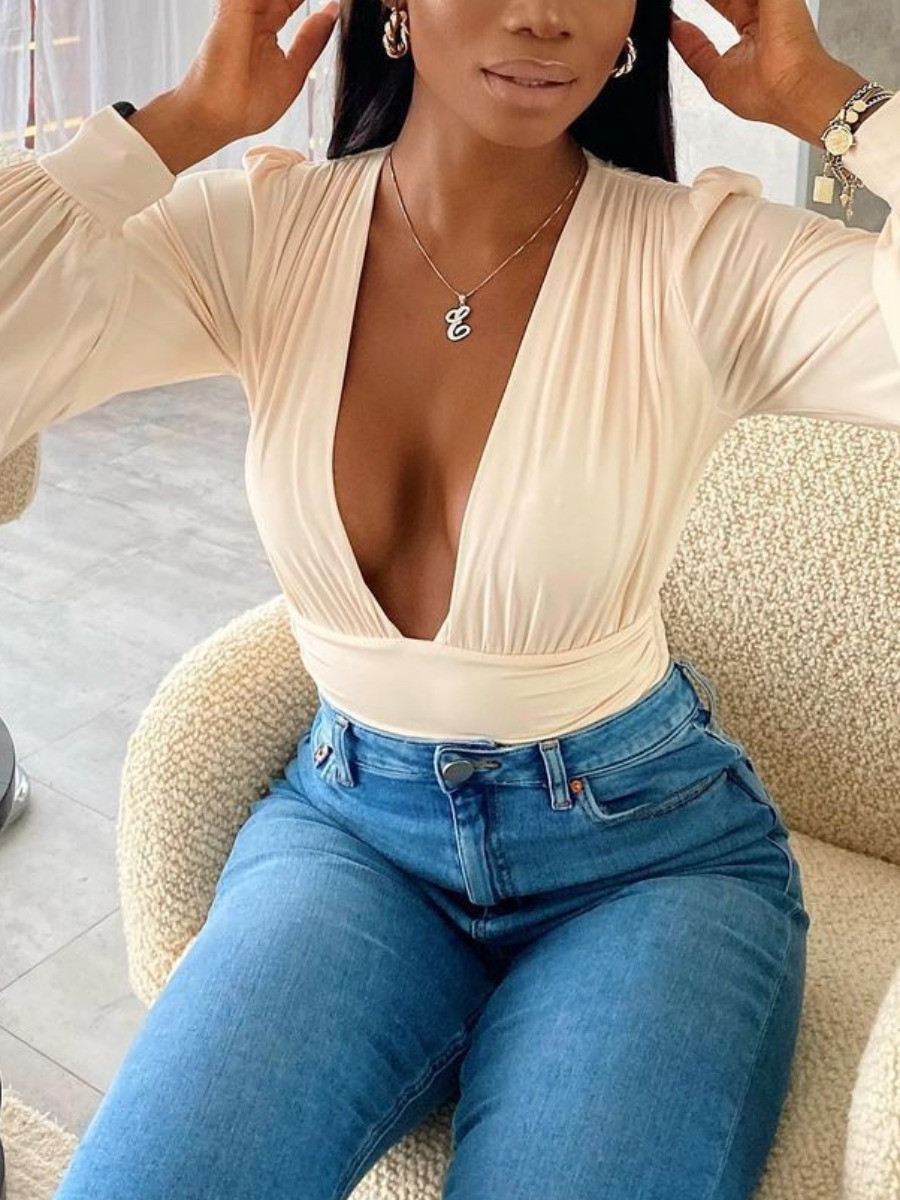 

LW SXY Deep V Neck Ruffle Design Blouse, White