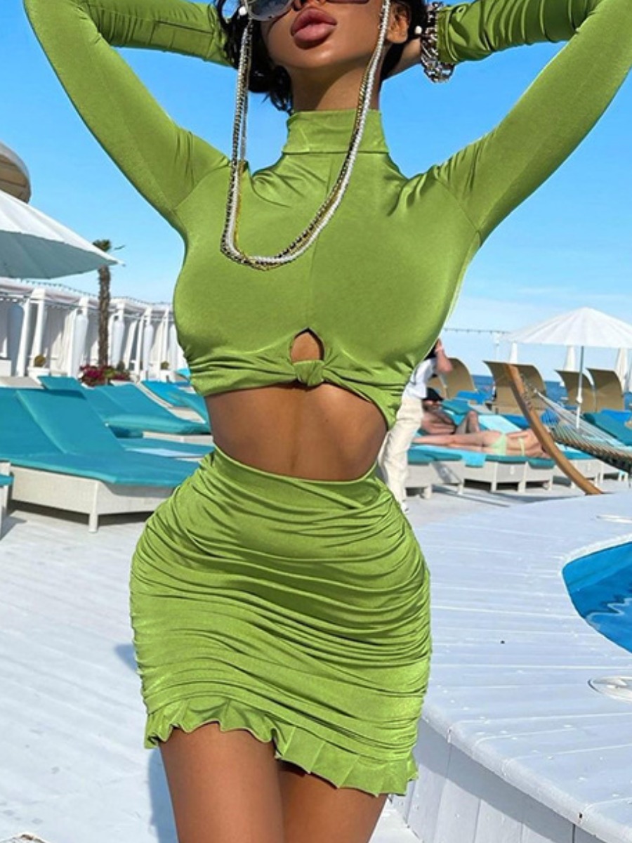 

LW SXY Turtleneck Tie Front Ruched Flounce Hem Skirt Set, Green