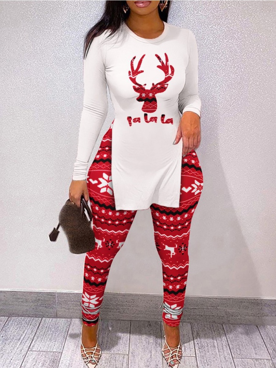 

LW Letter Print Split Hem Top Snowflakes Pants Set, Red
