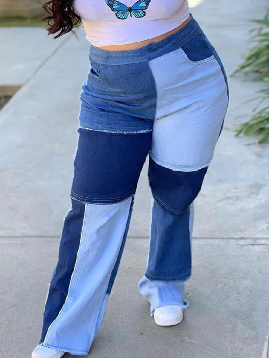 

LW Plus Size Polyester Mid Waist Patchwork Boot Cut Pants, Blue