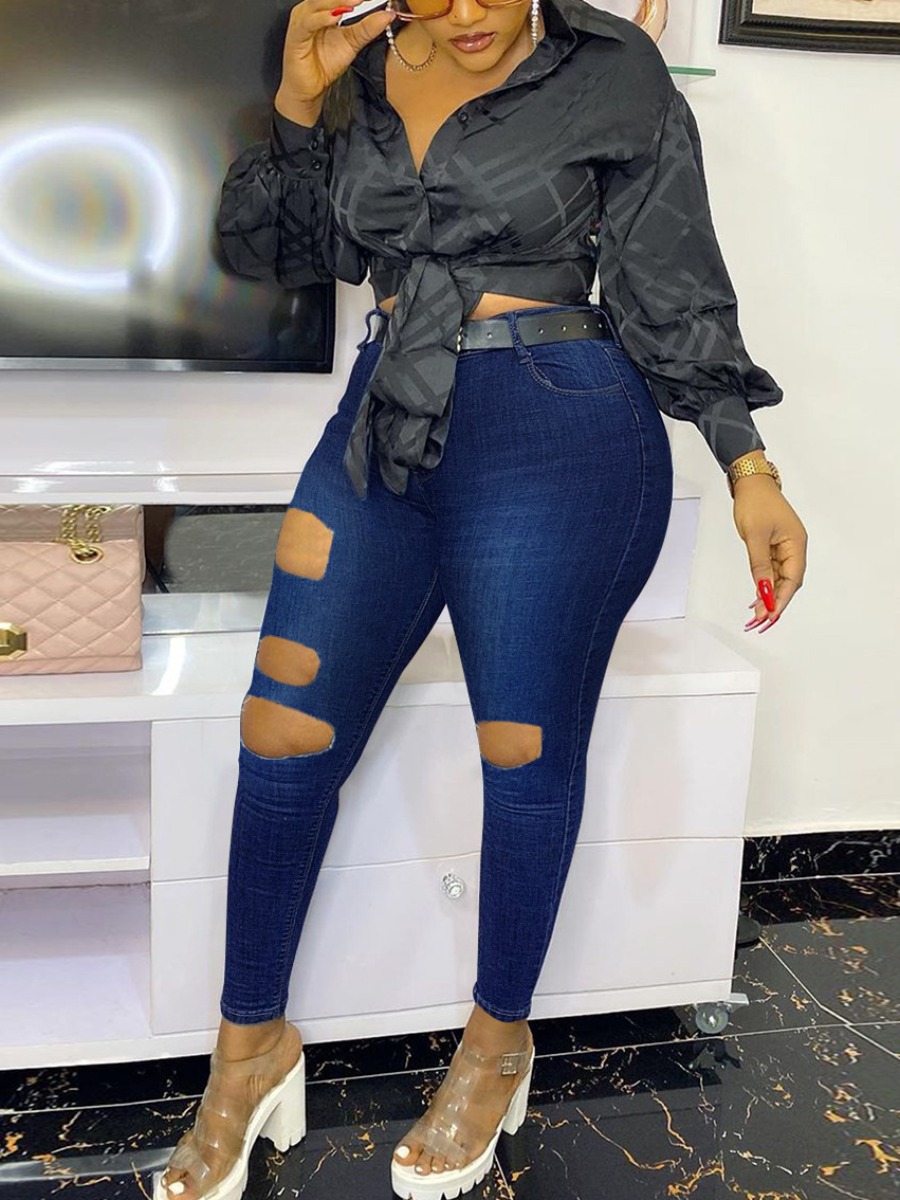 

LW Mid Waist Ripped Jeans, Deep blue