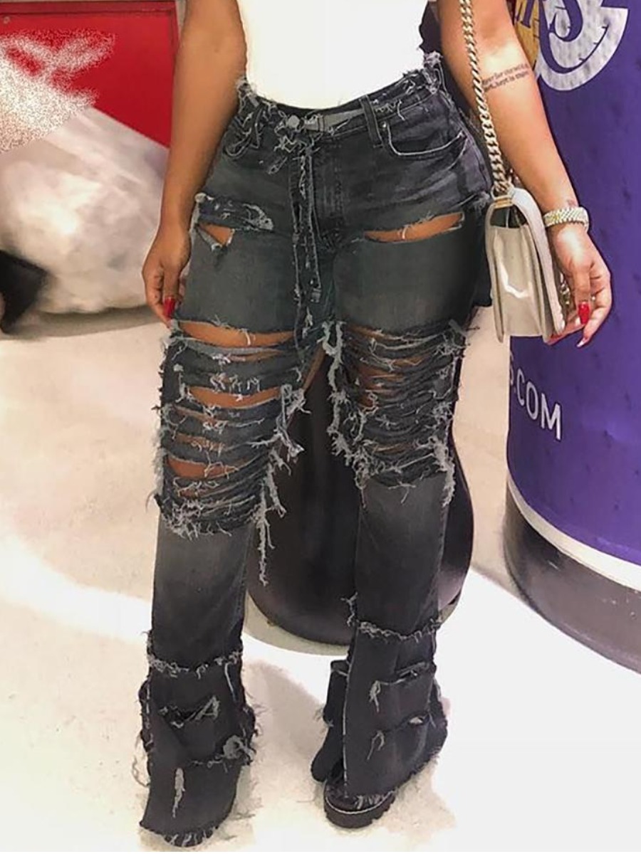 

LW Mid Waist Ripped Jeans, Black