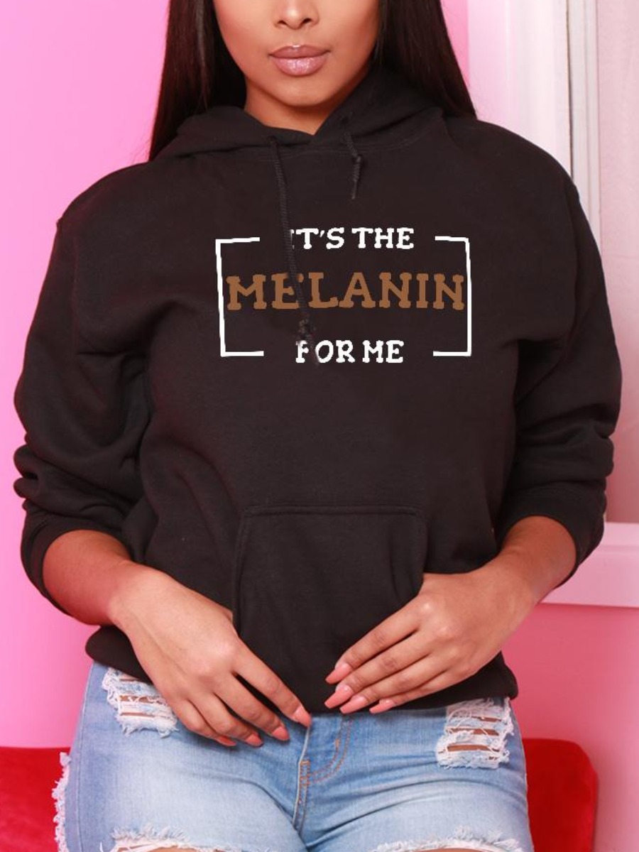 

LW Letter Print Kangaroo Pocket Hoodie, Black
