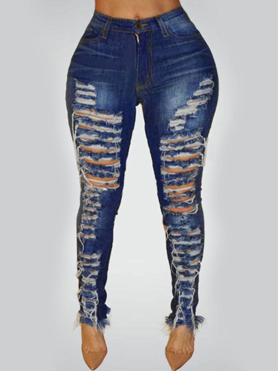 

LW Mid Waist Ripped Jeans, Deep blue
