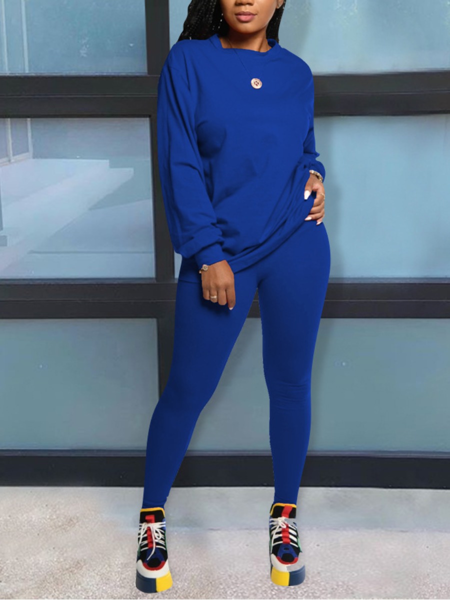 

LW BASICS Round Neck Solid Tracksuit Set, Blue
