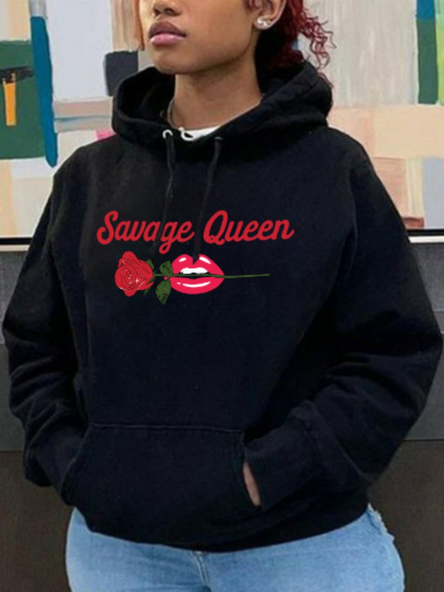 

LW Plus Size Rose Red Lips Kangaroo Pocket Hoodie, Black
