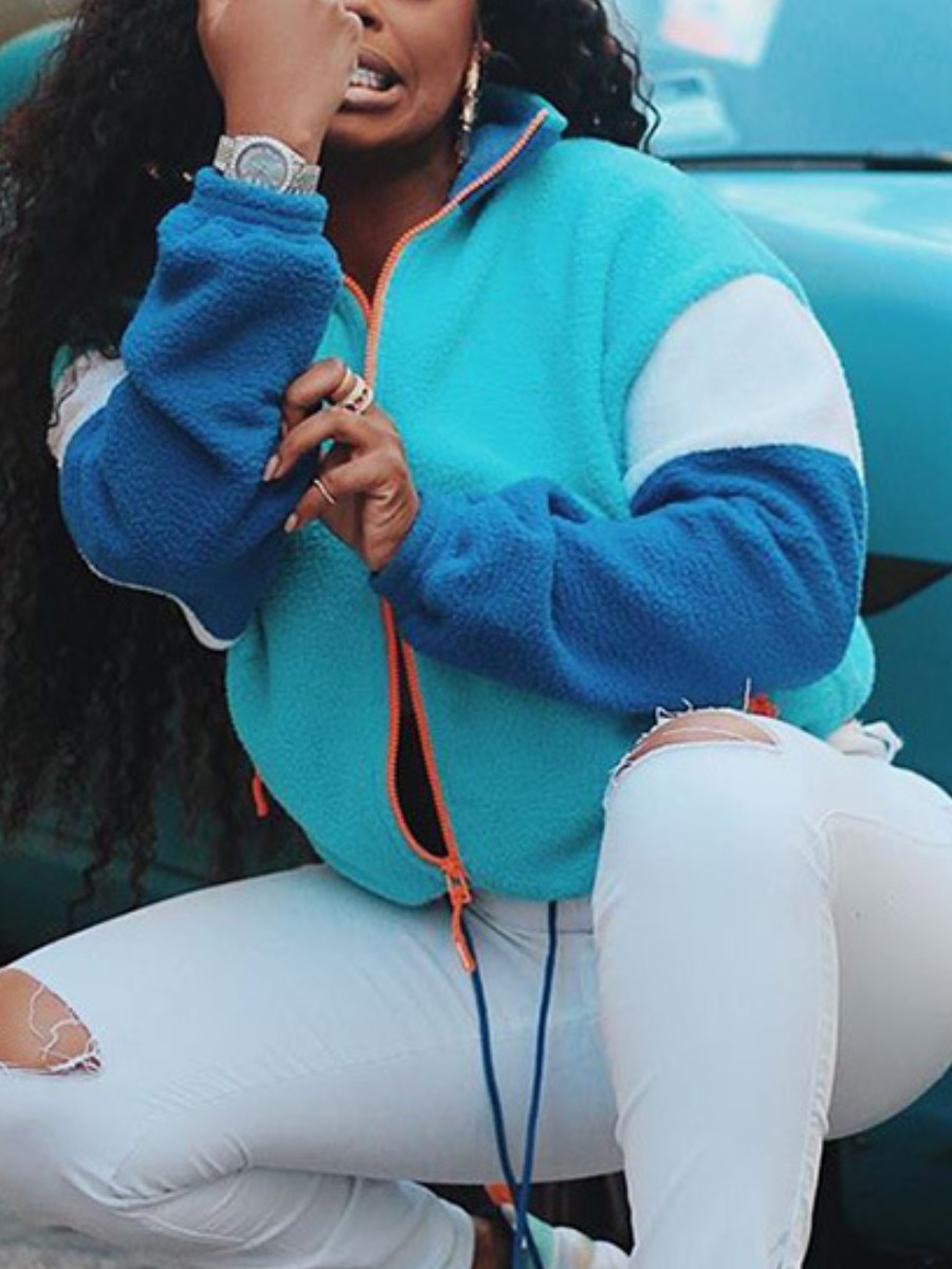 

LW Color Block Zipper Design Oversized Jacket, Blue