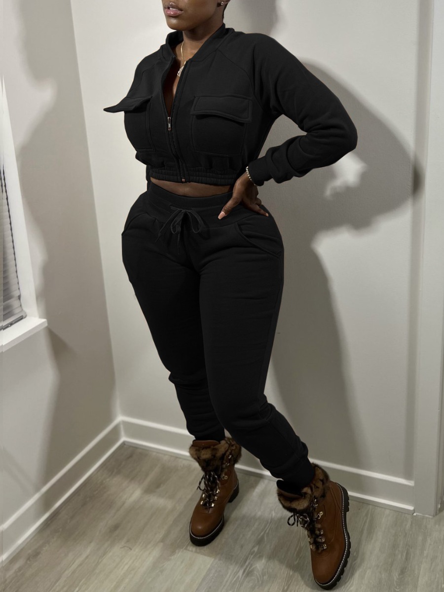 

LW Zip Up Pocket Design Crop Top Tracksuit Set, Black