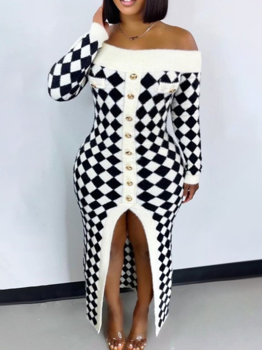 

LW SXY Off The Shoulder Plaid Print Split Sweater Bodycon Dress, White