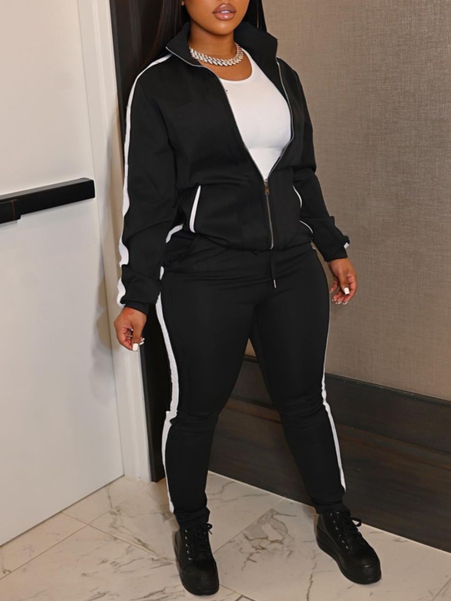

LW Striped Zipper Design Tracksuit Set, Black