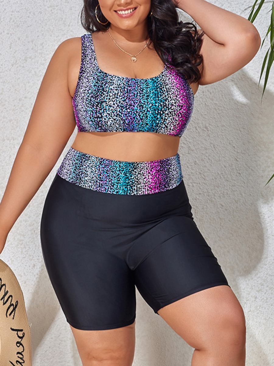 

LW Plus Size U Neck Tie-dye Tankini, Multi
