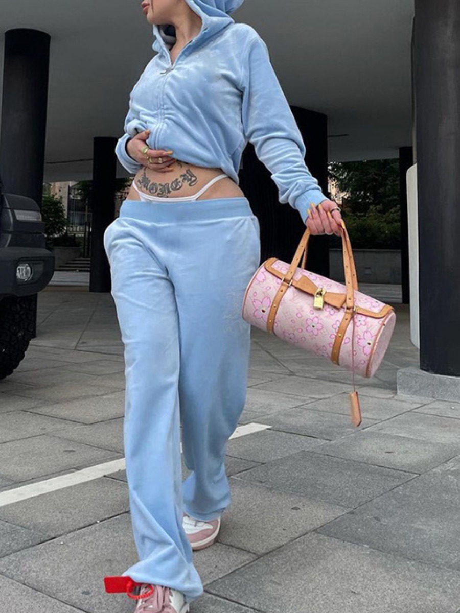 

LW Velvet Hooded Collar Letter Print Tracksuit Set, Blue