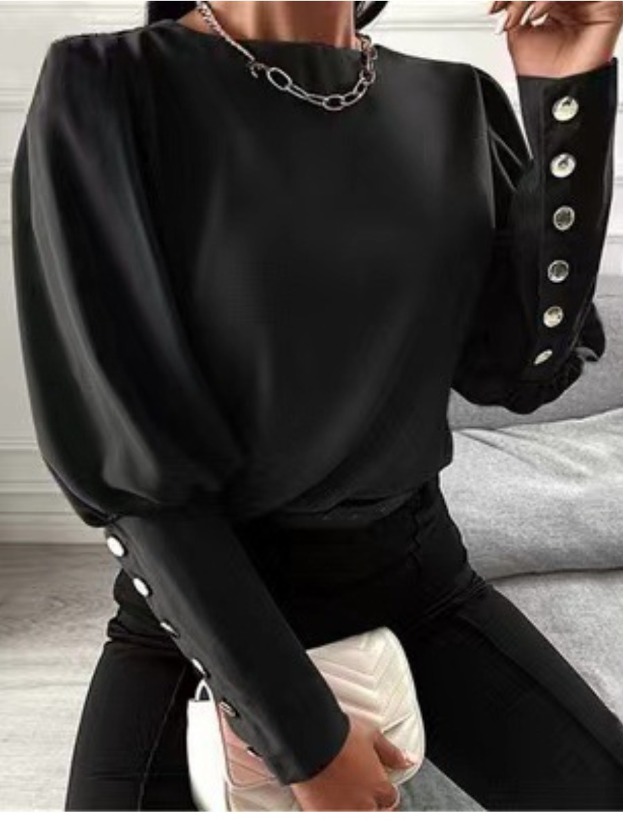 

LW Round Neck Button Design Blouse, Black