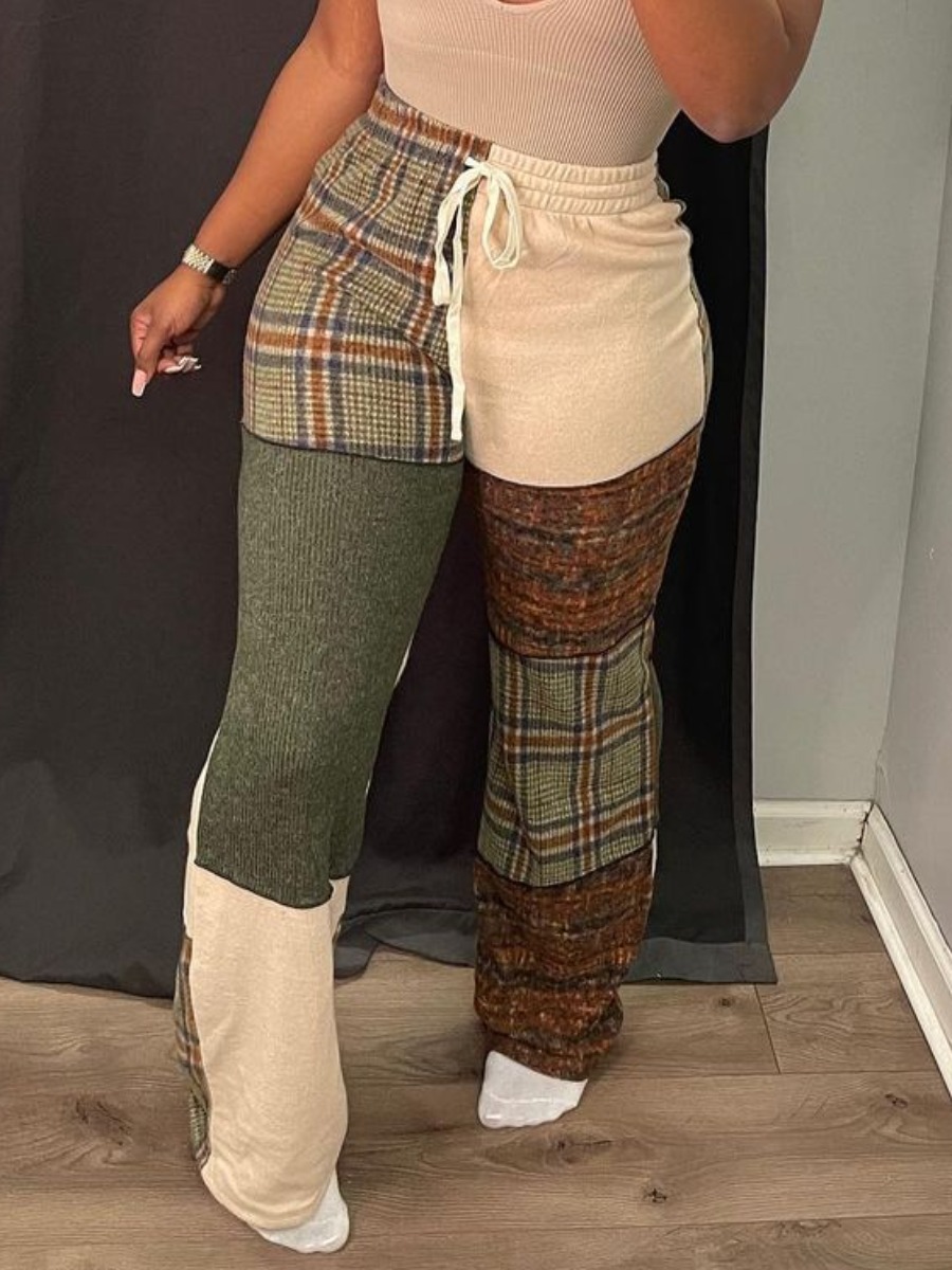 

LW Plaid Print Drawstring Pants, Green